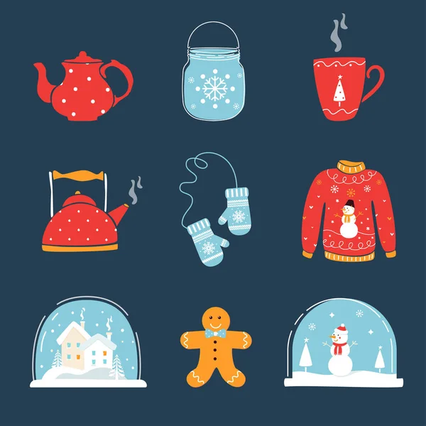 Set de elementos de diseño navideños e invernales. globo de nieve, suéter feo, taza, manoplas y tetera — Archivo Imágenes Vectoriales