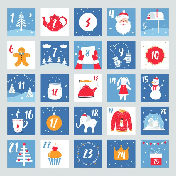 Calendario de Adviento de Navidad. Cartel de cuenta regresiva. Elementos de diseño de vacaciones de invierno — Vector de stock
