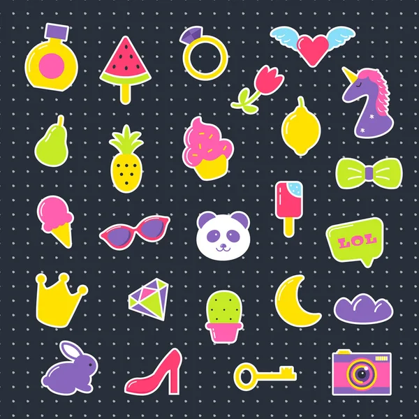 Emblemas de moda patch com coração, sorvete, panda, unicórnio, frutas, coroa e outros elementos. Conjunto de adesivos, pinos, patches em estilo pop art 80 e 90 — Vetor de Stock