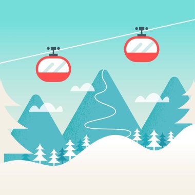 Teleferik ve karlı dağ manzarası. Kış Kayak, tepeler ve yamaçları arka plan.