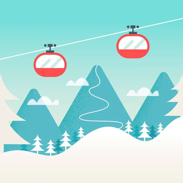 Felvonó és a havas hegyi táj. Téli síközpont, hegyek és lejtők háttér. — Stock Vector