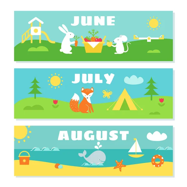 Mesi estivi Calendario Flashcards Set. Natura, vacanze e simboli Illustrazioni — Vettoriale Stock