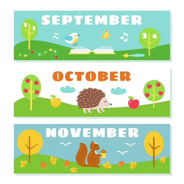 Φθινοπωρινούς μήνες ημερολόγιο σύνολο Flashcards. Φύση και σύμβολα εικονογραφήσεις — Διανυσματικό Αρχείο