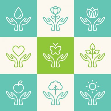 Vektör kümesi anahat işaretler. Ekoloji, sadaka, özgürlük, sağlık ve Wellness tema ile bakım el