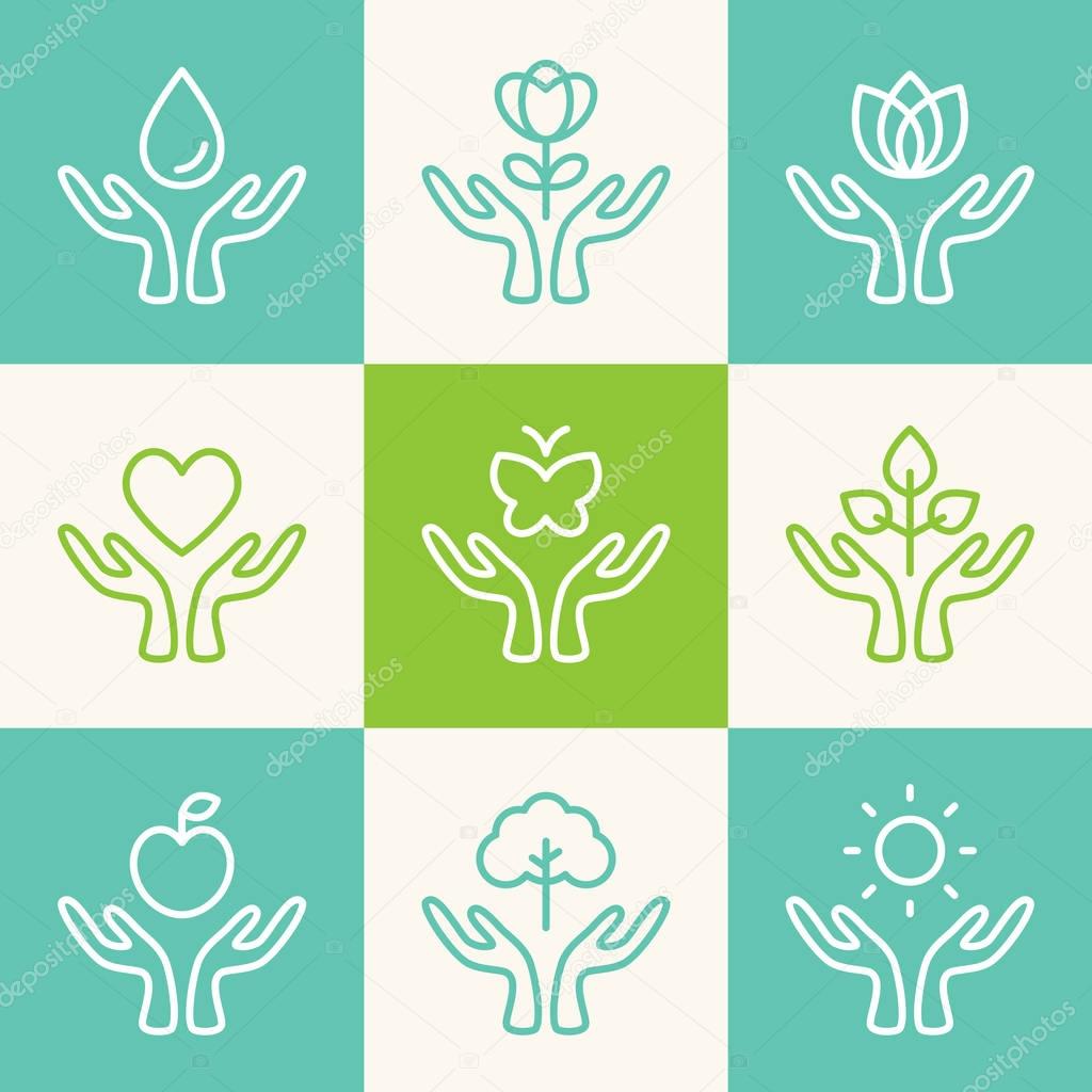Vector Set of Outline Signs. Caring Hands with Ecology, Charity, Freedom, Health and Wellness Theme