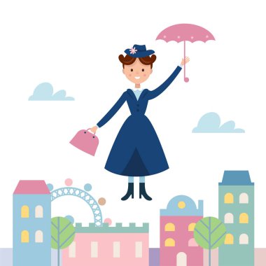 Şehrin üzerinde uçan bebek bakıcısı Mary Poppins. Vektör çizim