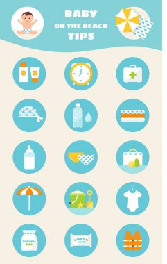 Bebek Beach ipuçları. Çocuk güneş ve su güvenliği kuralları vektör Infographics