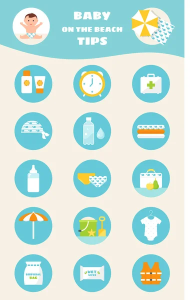Bebek Beach ipuçları. Çocuk güneş ve su güvenliği kuralları vektör Infographics