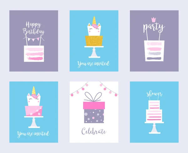 Pasteles y Unicornios. Tarjetas de cumpleaños, Invitaciones a la ducha — Vector de stock