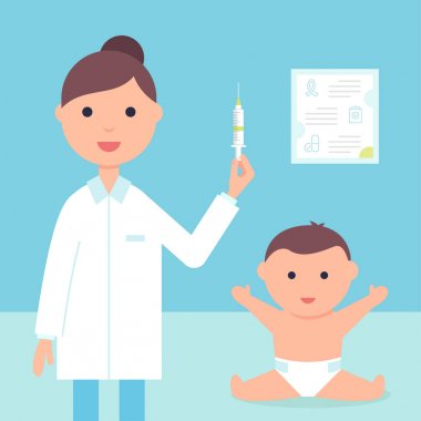 Bebek ve doktor veya hemşire bir şırınga tutarak. Tedavi, aşı veya aşı programı illüstrasyon. Vektör tasarımı