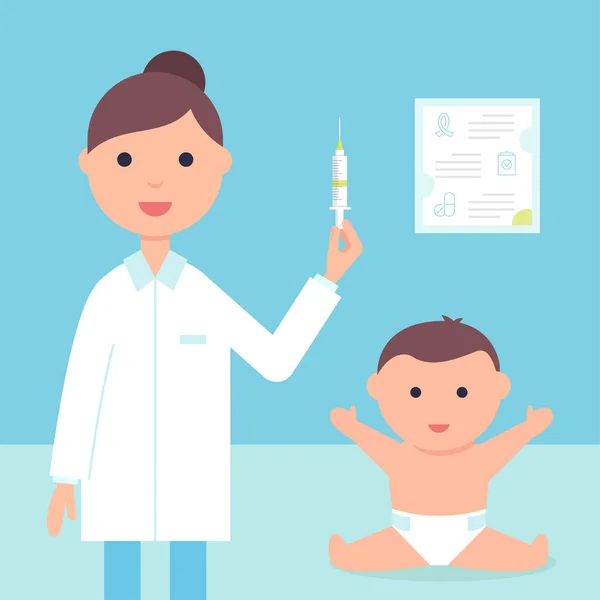 Bébé et Docteur ou Infirmière tenant une seringue. Calendrier de traitement, de vaccination ou d'immunisation Illustration. Conception vectorielle — Image vectorielle