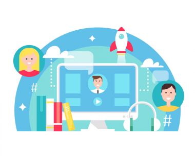 Harmanlanmış öğrenme ve E-öğrenme eğitim kavramı illüstrasyon. Vektör tasarımı