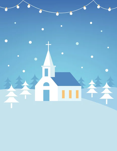 Christelijke kerk gebouw en besneeuwde heuvels kerstkaart of Poster. Platte Vector Design — Stockvector