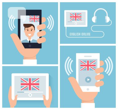 Mobil teknoloji ve cihaz İngilizce öğreniyor. Online İngilizce öğretmenliği. Vektör çizim