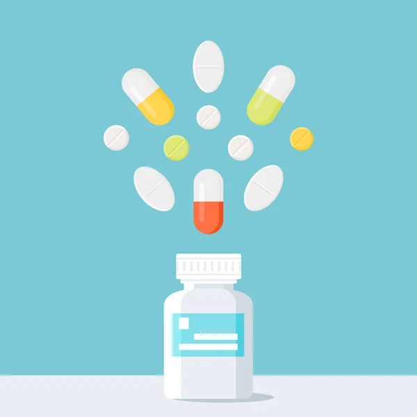 Gyógyszert tablettát üveg pirula gyógyszertár It. és kezelés fogalmát vektoros illusztráció — Stock Vector