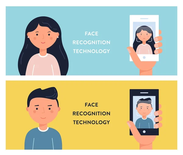 Lidé tváří a Smartphone obrazovky. Tvář uznání technologie vektorový Illustation — Stockový vektor