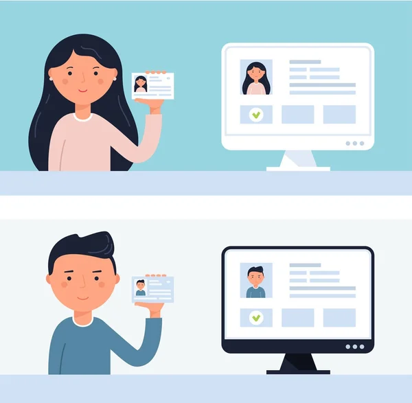 Persone con documenti d'identita 'in mano. Verifica dell'account Illustrazione vettoriale — Vettoriale Stock