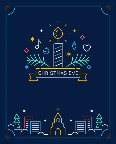 Kaars en ornamenten, Winter stad en kerk het overzicht. Kerstavond Candlelight Service uitnodiging. Lijn Vector Art Design — Stockvector