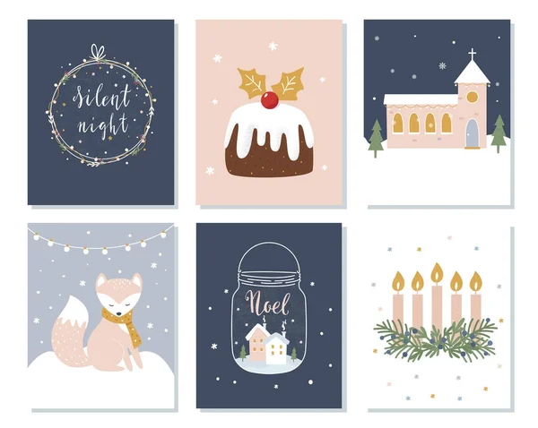 Ensemble de cartes de Noël et de vacances d'hiver. Avent Wreath, Church and Lettering Signs. Illustration vectorielle — Image vectorielle