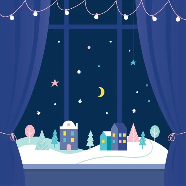 Kış tatil pencere dekorasyonları. Geceleri karlı kasaba. Vektör tasarımı — Stok Vektör