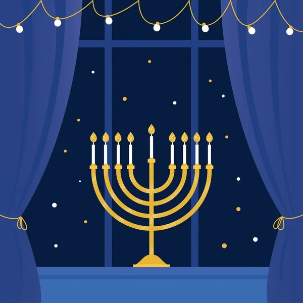 Hanukkah Menorah y Ventana de la Habitación. Ilustración vectorial — Archivo Imágenes Vectoriales