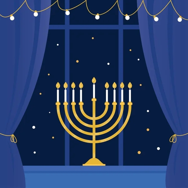 Chanoeka Menorah en kamer raam. Vectorillustratie — Stockvector