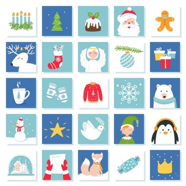 Noel ve yeni yıl kutlama simgeler. Varış takvimi veya Bingo oyun kartları. Vektör Set
