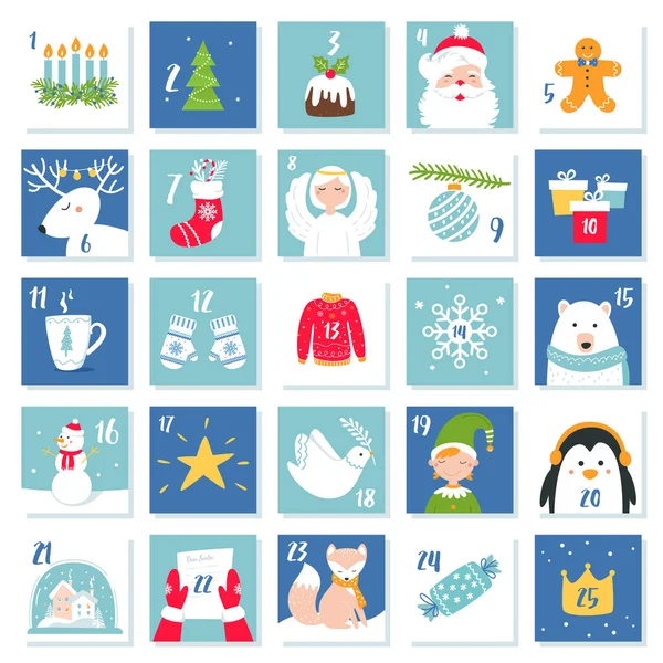 Noel ve Yeni Yıl Kutlama Sembolleri. Advent Takvimi ya da Kartlar. Vektör Ayarları