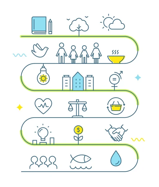 Desenvolvimento Sustentável e Implementação da Vida Sustentável Roadmap Line Art Vector Illustration —  Vetores de Stock