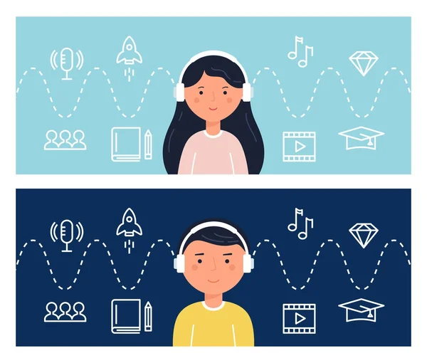 Studenten lernen durch Podcasts und Webinare. Bildung und Internettechnologie. Illustration des Blended Learning Konzepts. Vektordesign — Stockvektor