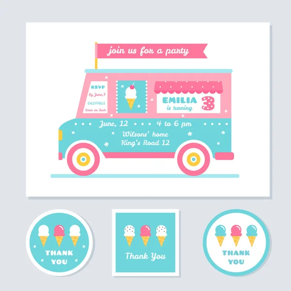 Invitation de fête d'enfants de vecteur de camion de glace et cartes de remerciement — Image vectorielle