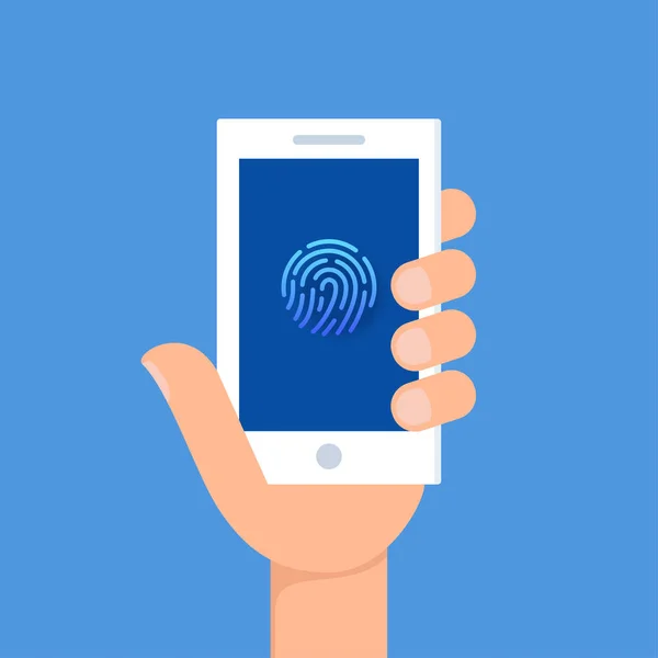 Hålla en Smartphone med fingeravtryck Authentication tecken på skärmen. Identifiering, verifikation och Data skydd koncept vektorillustration — Stock vektor