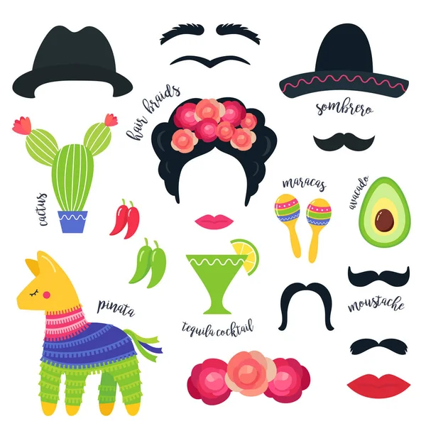 Mexican Fiesta Party Symbols and Photo Booth Props. Vector Design — Stock Vector