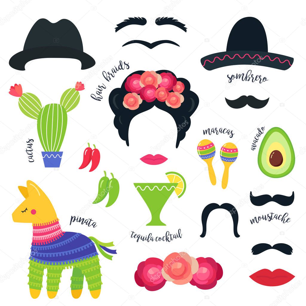 Mexican Fiesta Party Symbols and Photo Booth Props. Vector Design