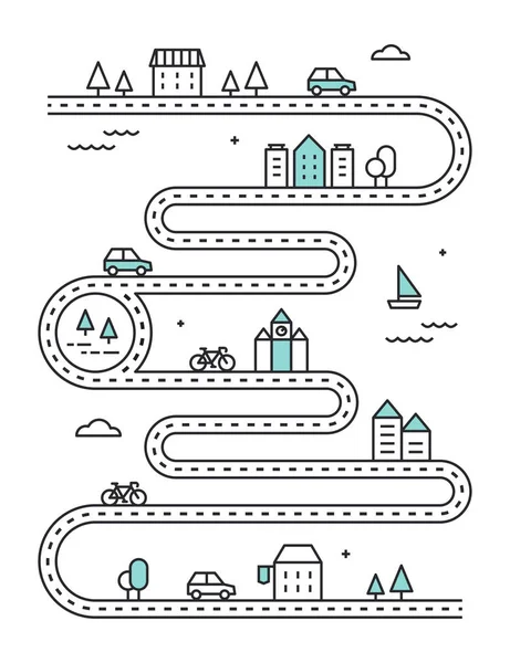 Illustrierte Straßenkarte mit städtischen Gebäuden und Verkehrsmitteln. Vektor-Infografik-Design — Stockvektor