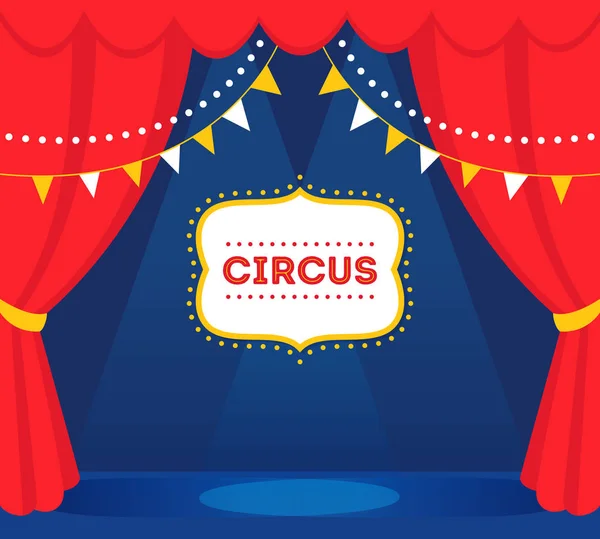 Escenario de circo con luces, cortinas rojas y letrero de carpa. Diseño de vectores — Vector de stock