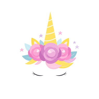 Tek boynuzlu at boynuz çiçek ve kirpik kartı ile daveti veya giyim tasarım vektör