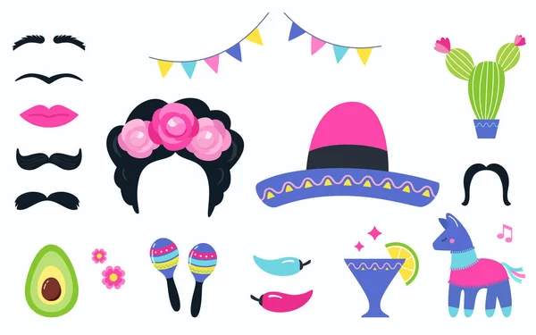 Conjunto de elementos de fiesta mexicanos y accesorios de cabina de fotos. Diseño de vectores — Archivo Imágenes Vectoriales