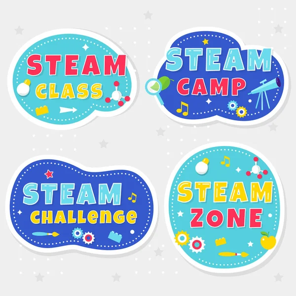 Steam Class, Camp and Zone Πολύχρωμα Αυτοκόλλητα ή Πανό για Παιδικά Παιχνίδια και Σχολικούς Χώρους. Εικονογράφηση διανύσματος — Διανυσματικό Αρχείο