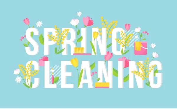 Spring Cleaning Floral Lettering Vector Sign. Seasonal Cleaning Banner — Stock Vector