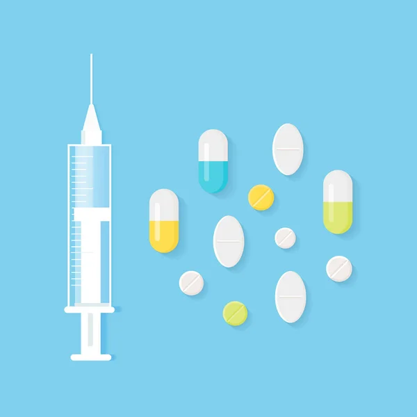 Syringe and Medicine Pills Vector Illustration (dalam bahasa Inggris). Pengobatan, Perawatan dan Konsep Cure - Stok Vektor