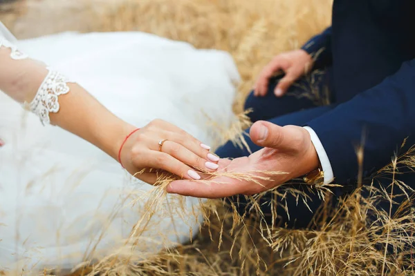 Mãos dos amantes da noiva e do noivo. Anéis de casamento — Fotografia de Stock