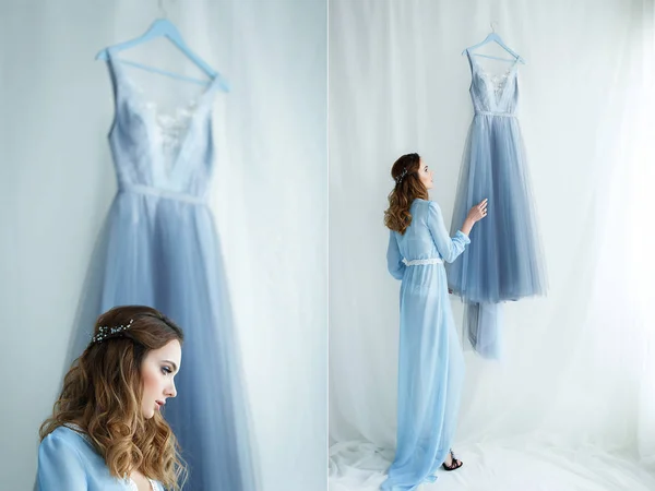 Сладкая невеста в синем платье — стоковое фото