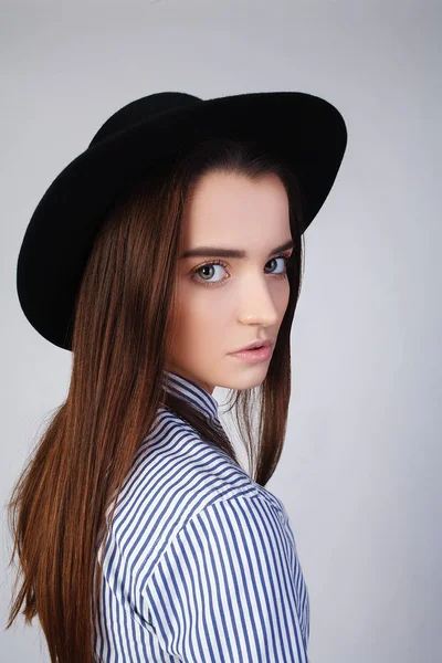 Sweet hipster girl in black hat — Stock Photo, Image