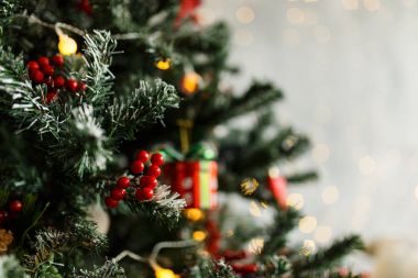 Süslemeleri ve topları olan Noel çamı dalı