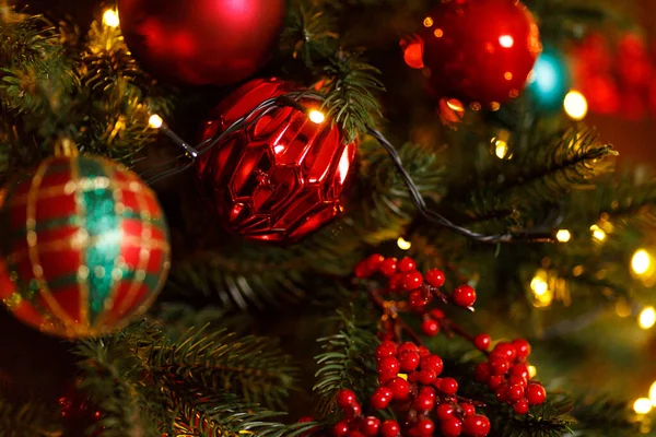 Hermosas bolas rojas de Navidad colgadas en la rama del árbol de Navidad Imagen De Stock