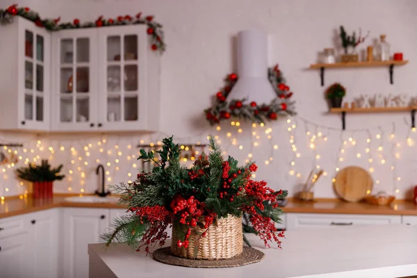 Kitchen decorated for Christmas in red colour