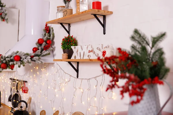 Kitchen decorated for Christmas in red colour — Stock Photo, Image