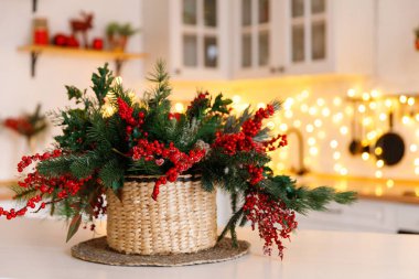 Kitchen decorated for Christmas in red colour