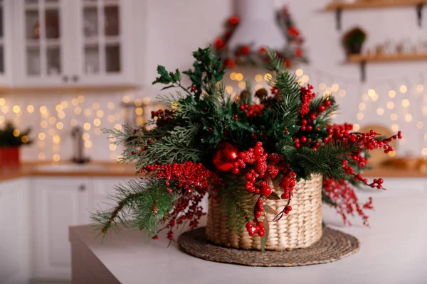 Kitchen decorated for Christmas in red colour — Stock Photo, Image